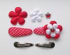 Zelf haarspeldjes maken rood polkadot met satijnen bloemen en flatbacks van 4.5 cm.